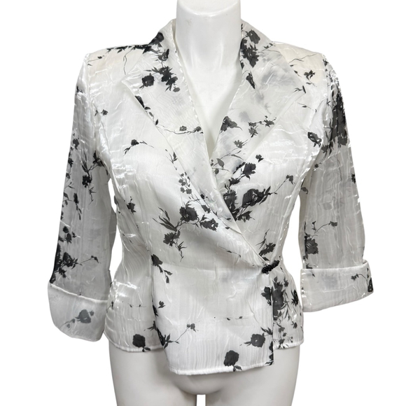 Vintage 90s Y2K Alex Evenings Sheer Floral Wrap Blouse Black White Size Large - Picture 1 of 9